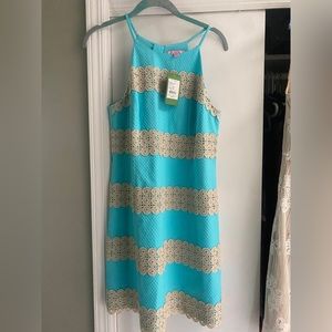 Lilly Pulitzer Annabelle SHIFT DRESS Shorely Blue Gold Lace Stripe